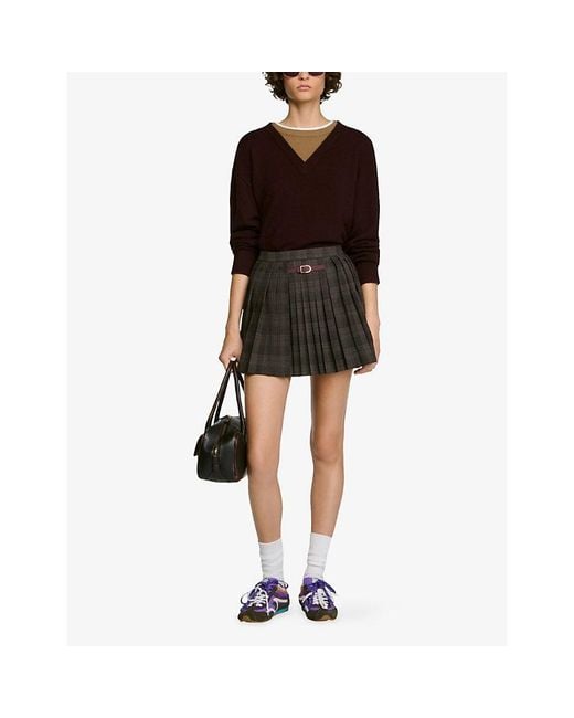 Sandro Black Checked Pleated Woven Mini Skirt