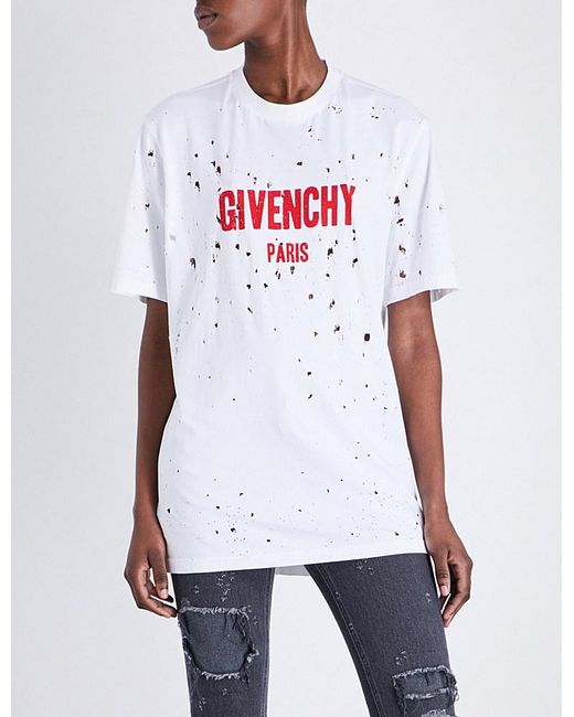 Givenchy White Distressed Logo-print Cotton-jersey T-shirt