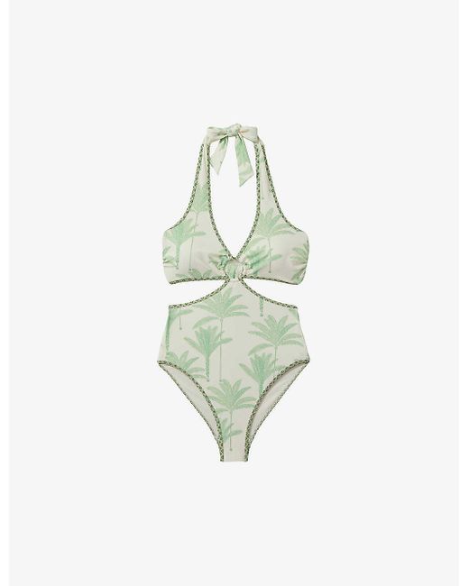 Reiss Green Gabriella Palm-print Cut-out Swimsuit
