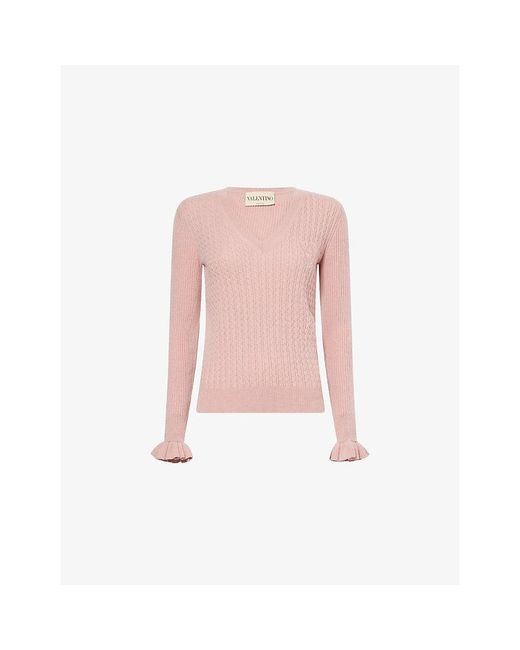 Valentino Pink Logo-Embroidery Cable-Knit Cashmere Jumper
