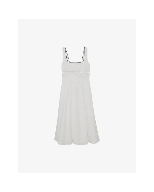 Reiss White Dorethea Contrast-Trim Linen Midi Dress