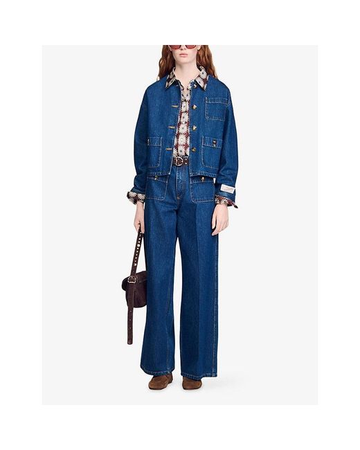 Sandro Blue Buttoned Round-Neck Denim Jacket