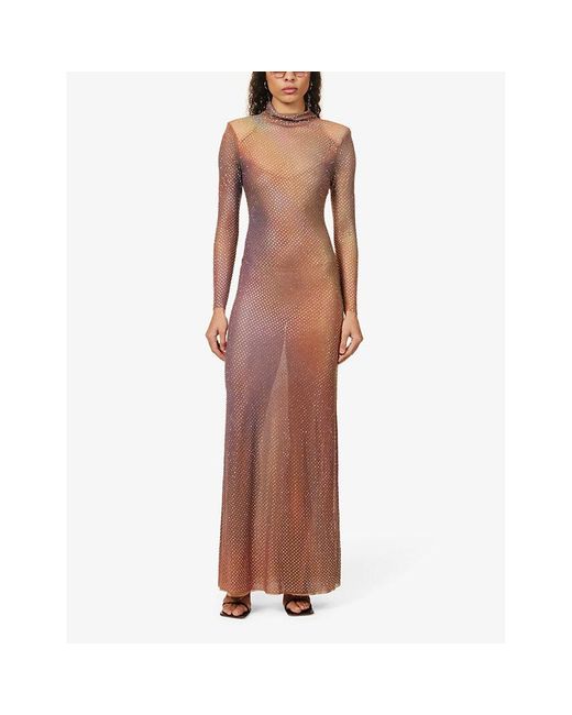Self-Portrait Natural Crystal-embellished Gradient-pattern Stretch-woven Maxi Dress