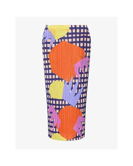 Pleats Please Issey Miyake Red Graphic-Print Pleated Knitted Midi Skirt