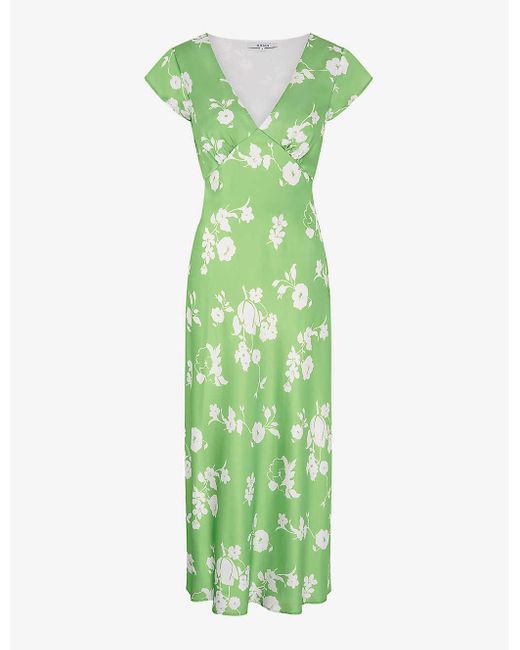 OMNES Green Woolf Floral-print Short-sleeve Recycled-polyester Midi Dress