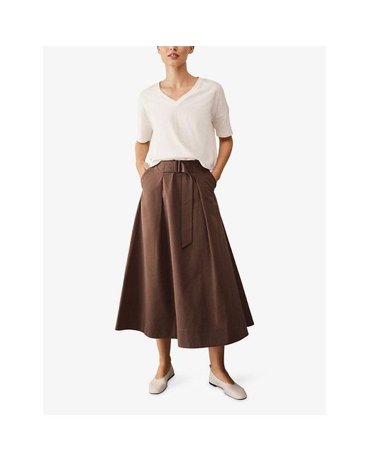 The White Company Brown Top-Stitch Belted Cotton-Blend Midi Skirt