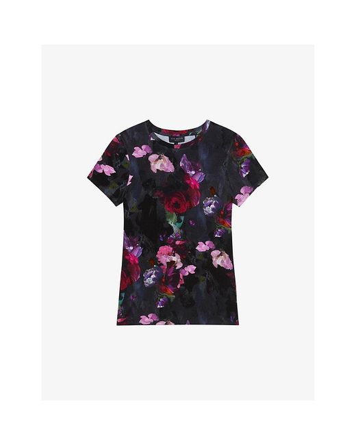 Ted Baker Blue Printed Floral-print Fitted Stretch-woven T-shirt