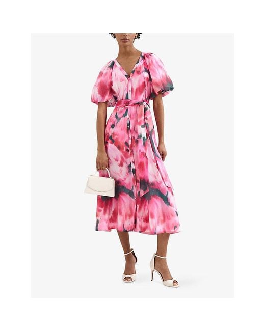 Phase Eight Pink Caterina Floral-Print Woven Midi Dress