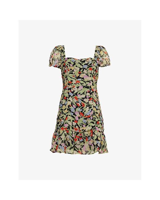 Rixo Green Bowie Puffed-sleeve Floral-print Georgette Mini Dress
