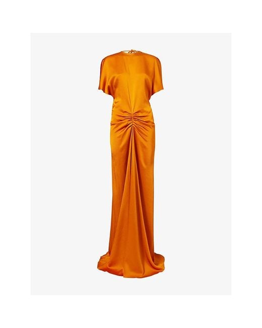 Victoria Beckham Orange Draped Short-Sleeve Satin Maxi Dress