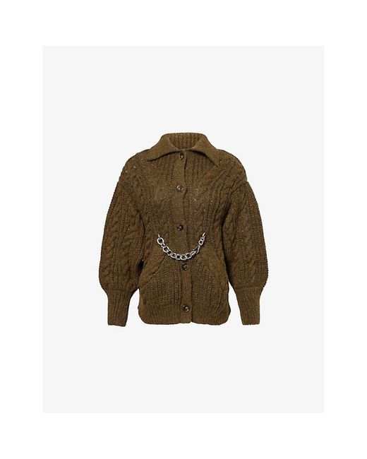 Simone Rocha Green Chain-Embellished Cable Knitted Cardigan