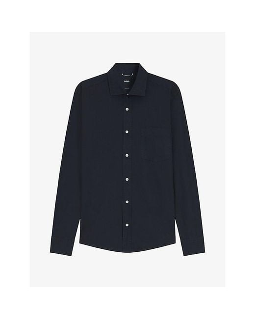 Boss Blue Long-Sleeved Chest-Pocket Cotton-Poplin Shirt for men