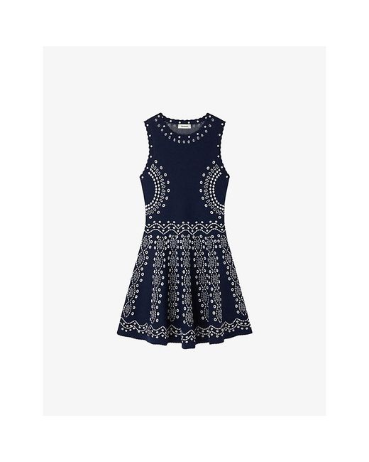 Sandro Blue Sleeveless Scarf-Print Stretch-Knit Mini Dress