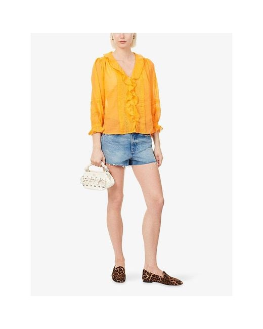 ME+EM Yellow Ruffled Embroidered Cotton Top