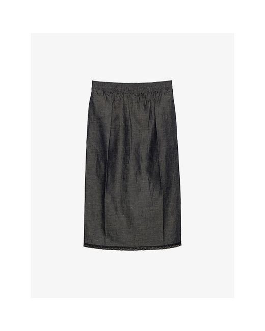Prada Black Lace-Trim Chambray Cotton And Linen-Blend Midi Skirt