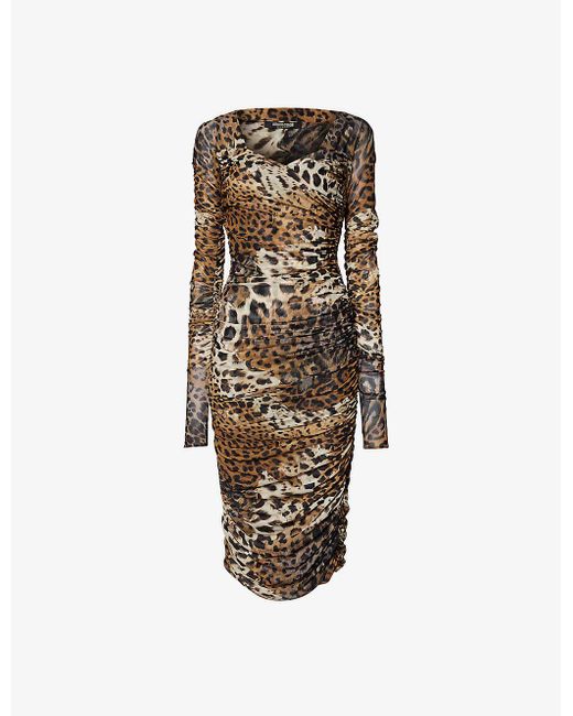 Roberto Cavalli White Leopard-print Ruched Stretch-woven Midi Dress