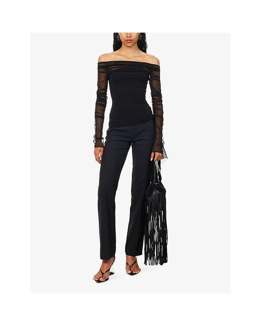 Nensi Dojaka Black Long-Sleeve Ruched Stretch-Woven Top