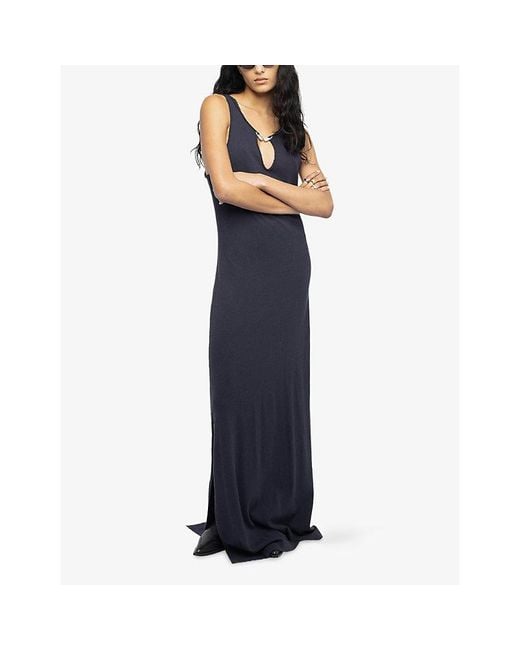 Zadig & Voltaire Blue Tiffania Wings-Brooch Cotton And Linen Maxi Dress