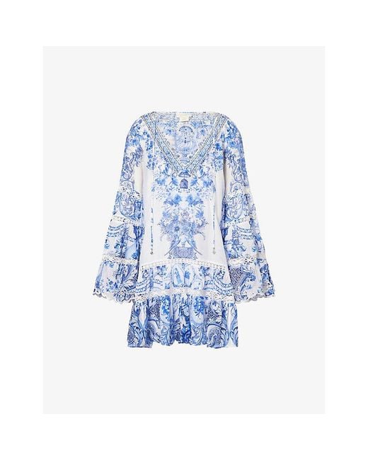 Camilla Blue Gathered-Panel Ceramic-Print Silk And Cotton Mini Dress