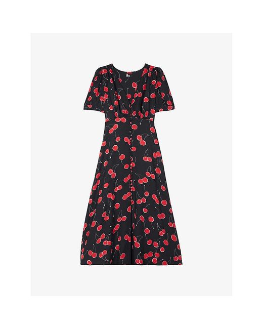 The Kooples Red Cherry-Print Buttoned Woven Midi Dress