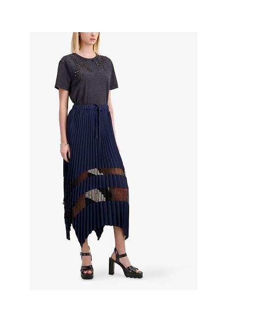 The Kooples Blue Lace-Embroidered Asymmetric-Hem Pleated Woven Midi Skirt