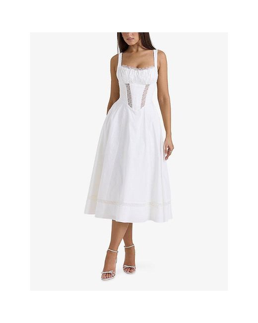House Of Cb White Kim Floral-Print Cotton Midi Dress