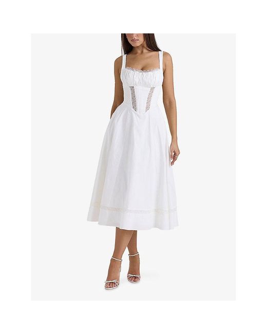 House Of Cb White Kim Floral-Print Cotton Midi Dress