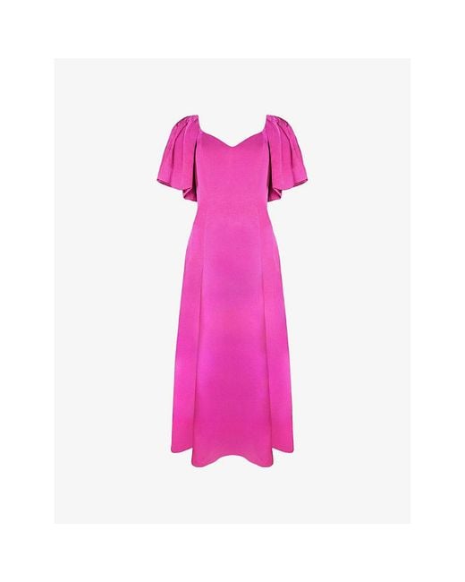 Ro&zo Pink Yasmin Puff-Sleeve Woven Midi Dress