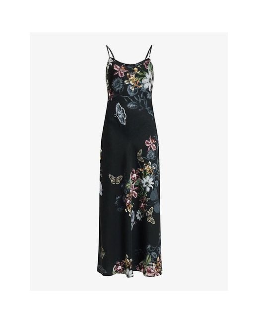 AllSaints Black Bryony Sanibel Floral-print Recycled-polyester Midi Slip Dress 1