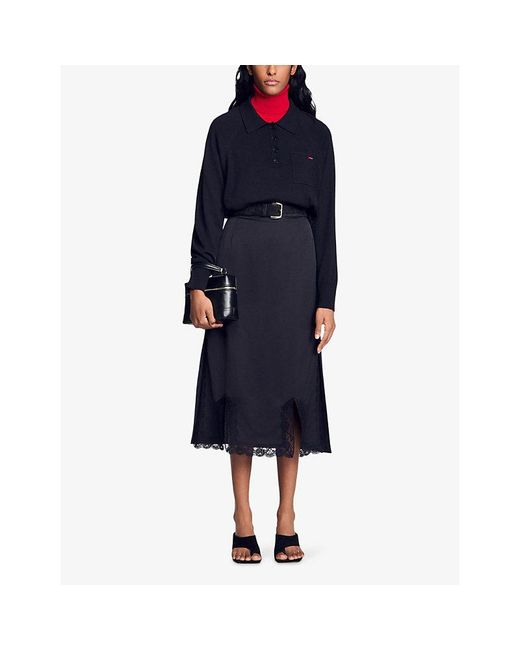 Sandro Black Split-Hem Lace-Trim Woven Midi Skirt
