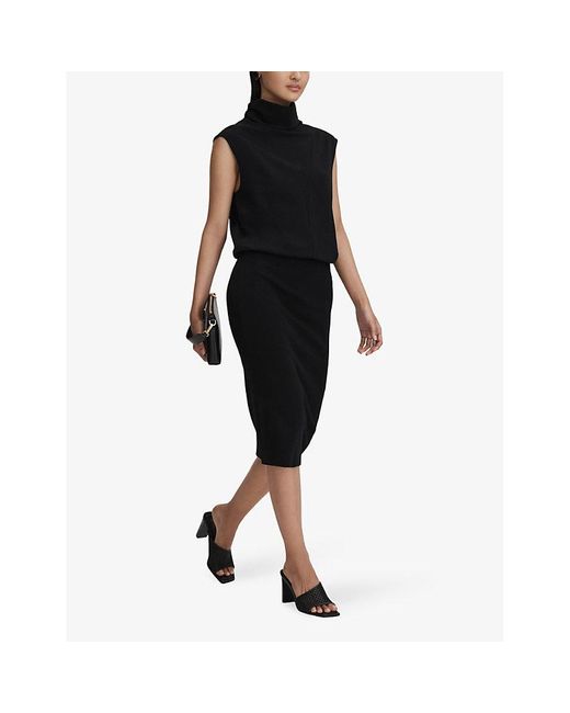 Reiss Black Cici Roll-neck Stretch-woven Midi Dress