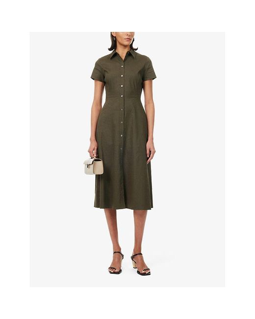 Theory Green A-line Collared Stretch Linen-blend Midi Dress