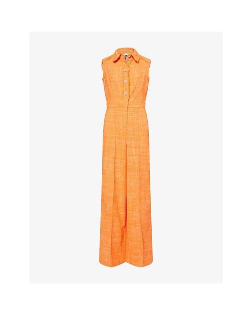 ME+EM Orange Tweed Fray-Trimmed Cotton-Blend Jumpsuit