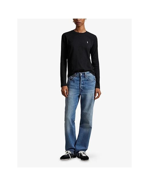 Polo Ralph Lauren Black Logo-Embroidered Long-Sleeve Cotton Top