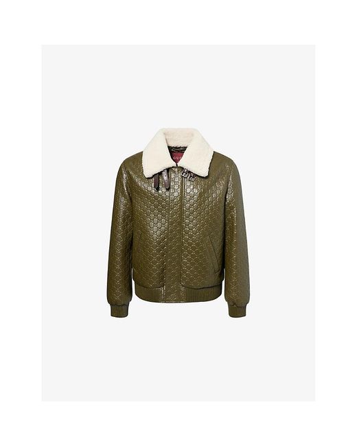 Gucci Green Monogram Fur-Collar Leather Jacket for men