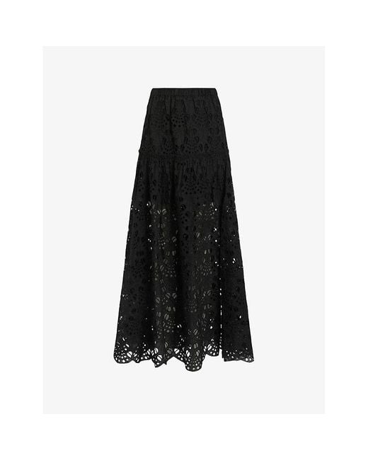 AllSaints Black Rosie Openwork-lace Midi Skirt