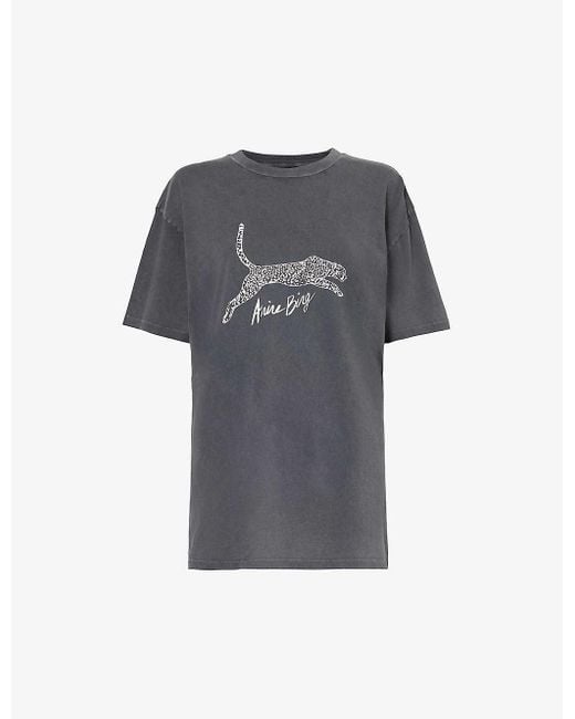 Anine Bing Gray Leopard Brand-print Organic-cotton Jersey T-shirt