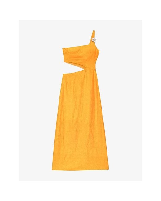 Maje Yellow Asymmetrical Cut-Out Linen-Blend Maxi Dress