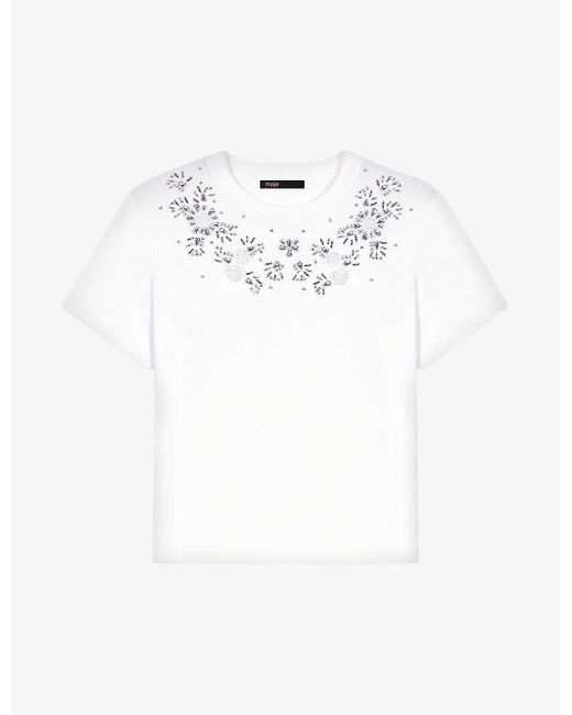 Maje White Flower Gem-embellished Short-sleeve Cotton T-shirt