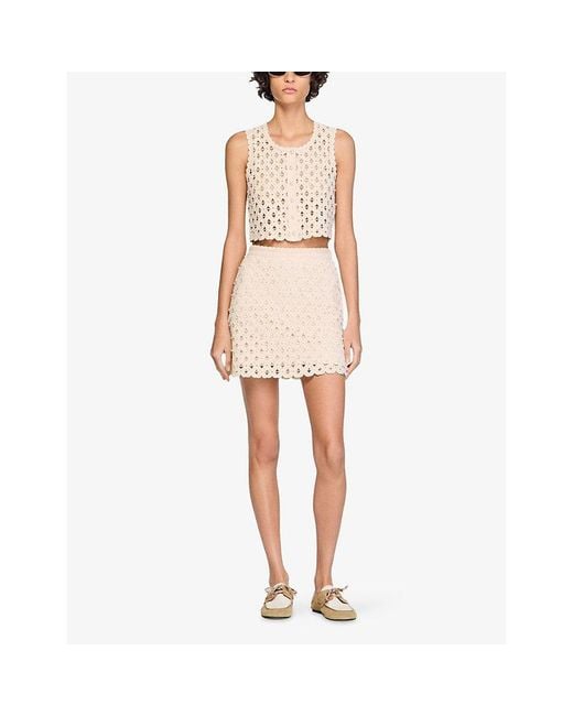 Sandro Natural Cropped Bead-Embellished Crochet Cardigan