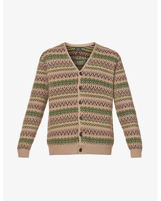 Beams Plus Natural Fair Isle-print Button-up Ramie And Cotton-blend Cardigan for men