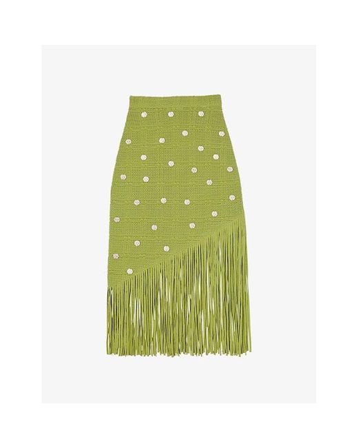 Sandro Green Anne Laure Fringe-embellished Woven Midi Skirt