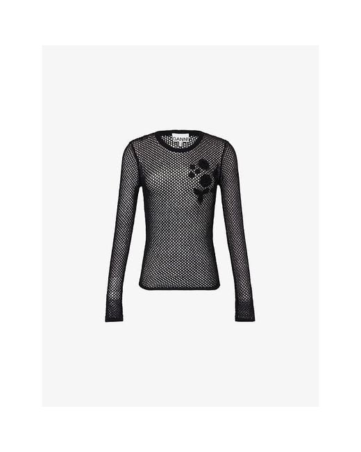 Ganni Black Embroidered Crochet-Knit Cotton Top
