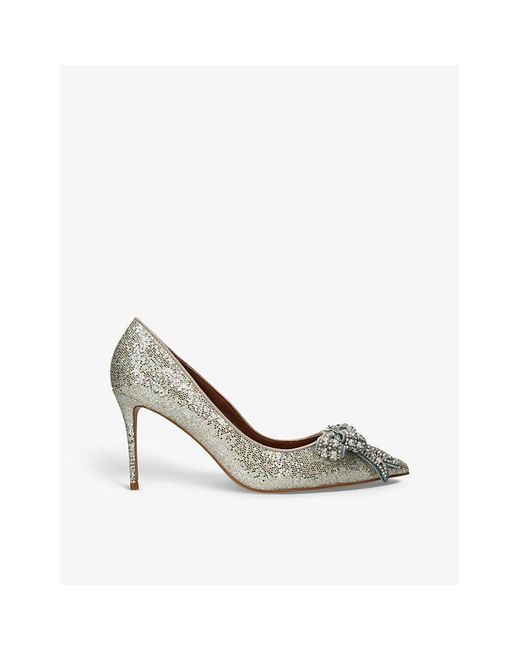 Kurt Geiger White Belgravia Bow Glitter-Embellished Woven Heeled Courts
