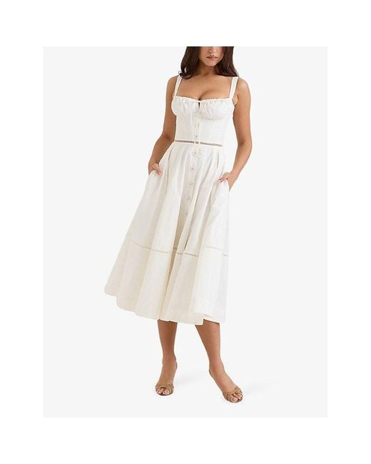 House Of Cb White Chiarina Ruched Stretch-Cotton Midi Dress