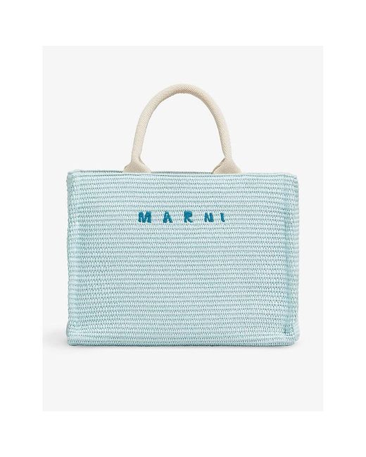 Marni Blue Embroidered-logo Woven-raffia Tote Bag
