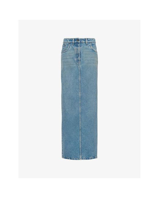 Prada Blue Brand-plaque Low-rise Organic-cotton Denim Maxi Skirt