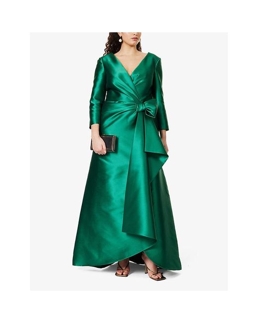 Alberta Ferretti Green Bow-embellished Draped Satin Maxi Dress