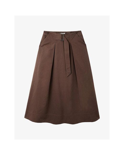 The White Company Brown Top-Stitch Belted Cotton-Blend Midi Skirt