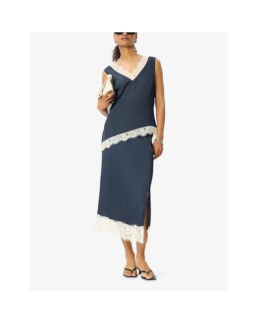 Whistles Blue V-Neck Lace-Trim Satin Top